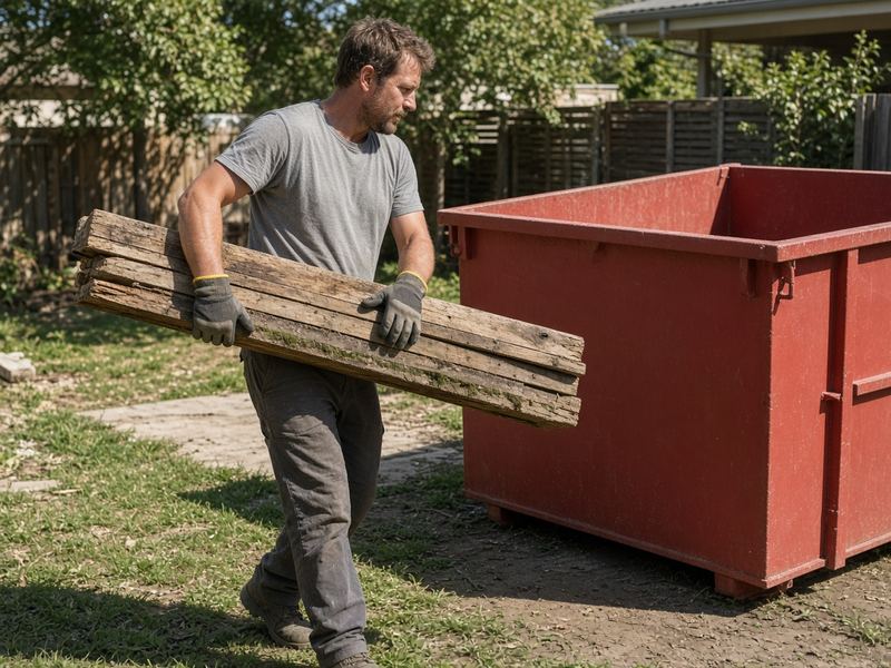 Man carrying old decking boards to a red skip bin